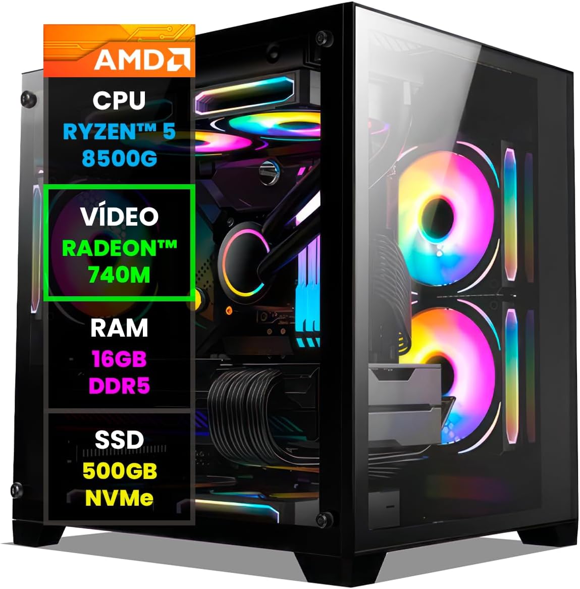 Pc Gamer Computador Completo NoLag AMD Ryzen 5 8500G, Radeon Graphics 740M, 16GB DDR5, SSD 500GB NVMe, Gabinete RGB