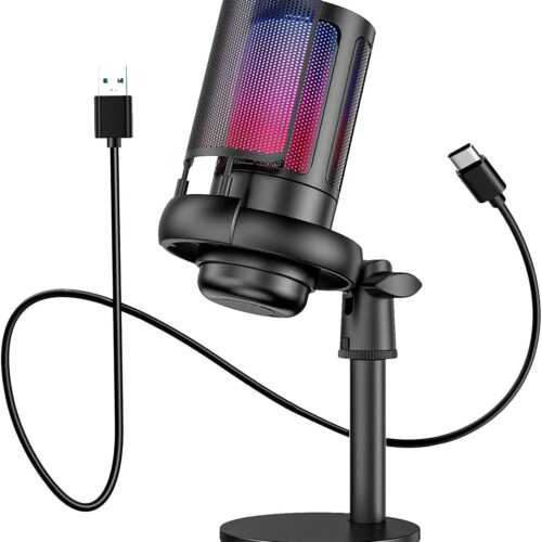 Microfone RGB Condensador Com Conector De Monitoramento De Fone De Ouvido USB Profissional Controle De Luz Gamer Para Computador Jogos Transmissao Ao Vivo Plug And Play - TOMATE (Preto)